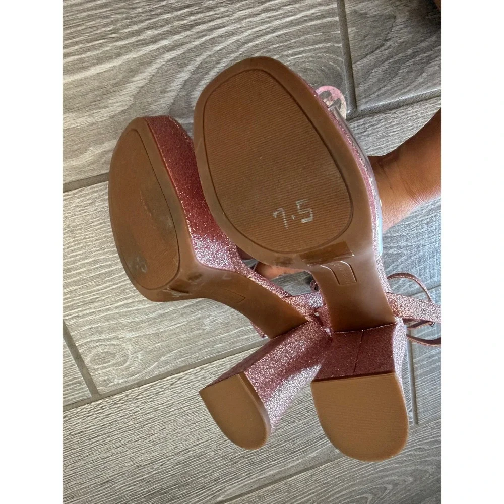Copper Key Pink Glitter Butterfly Rhinestone Platform Block Y2K Style Heels 7.5